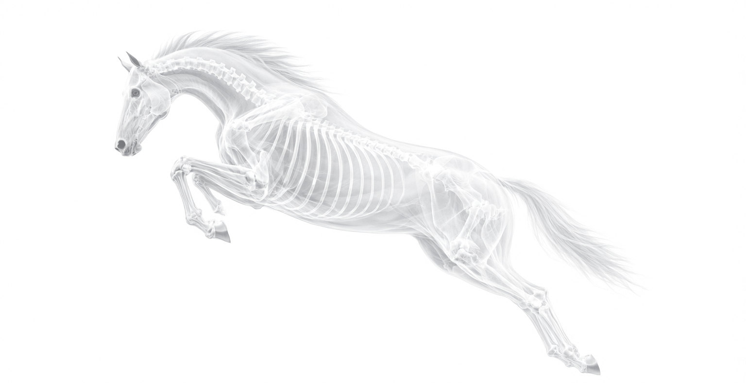 Translucent equine skeleton in flight, spine extended